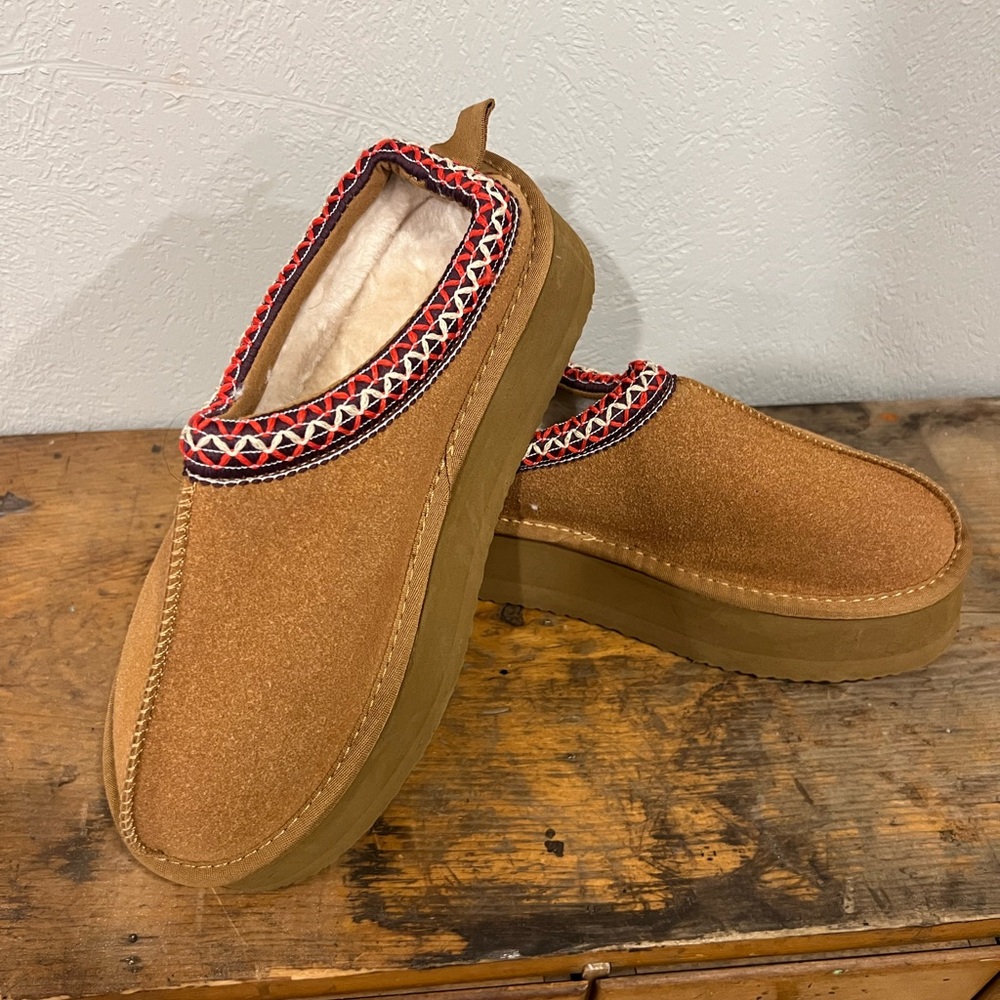 Brown Slip-On Shoes with Patterned Trim